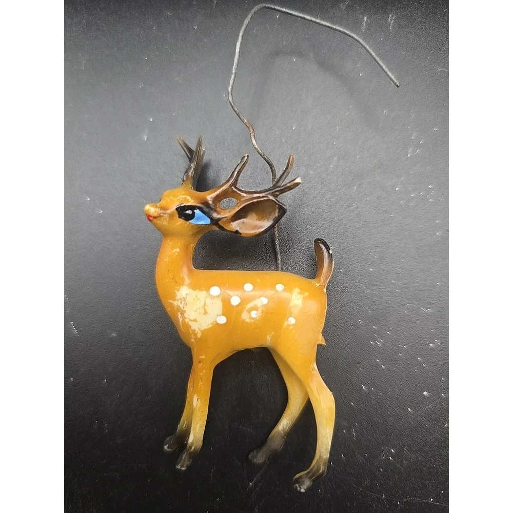 Vintage Deer Spotted Hard Plastic Figurine Miniature Blue Eyes Hong‎ Kong Xmas